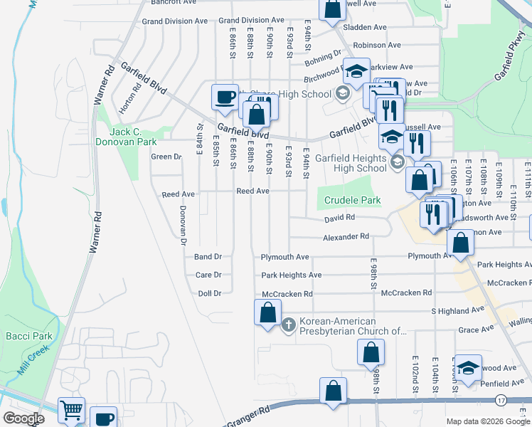 map of restaurants, bars, coffee shops, grocery stores, and more near 4937 East 90th Street in Garfield Heights