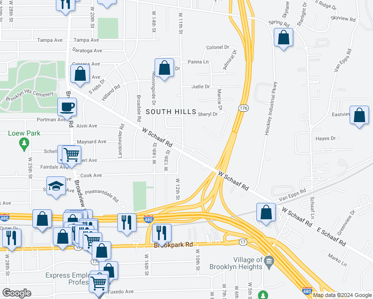 map of restaurants, bars, coffee shops, grocery stores, and more near 1026 West Schaaf Road in Cleveland