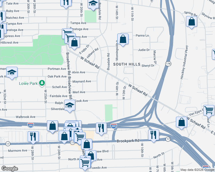 map of restaurants, bars, coffee shops, grocery stores, and more near 4809 Broadale Road in Cleveland