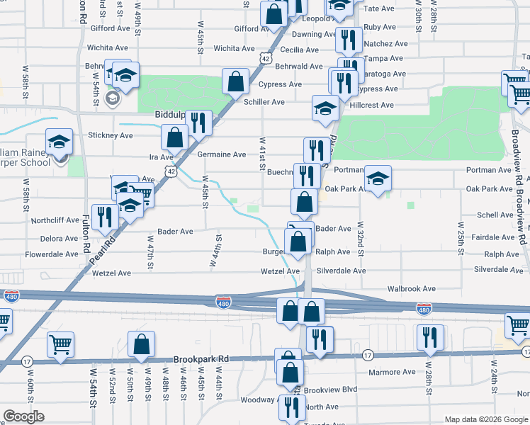map of restaurants, bars, coffee shops, grocery stores, and more near 4009 Archmere Avenue in Cleveland