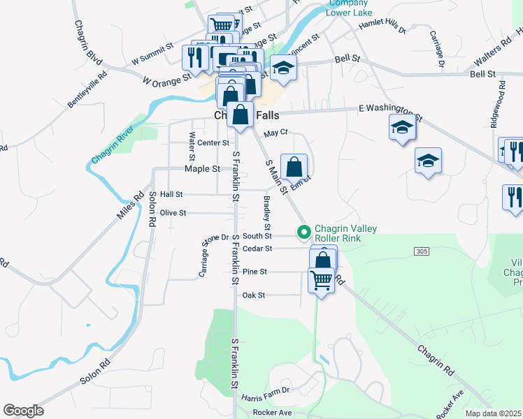 map of restaurants, bars, coffee shops, grocery stores, and more near 154 Bradley Street in Chagrin Falls
