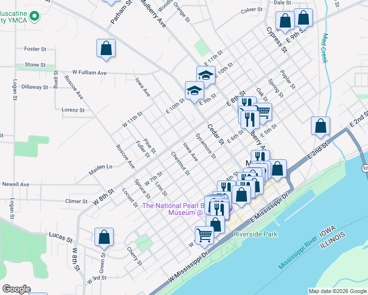 map of restaurants, bars, coffee shops, grocery stores, and more near 706 Iowa Avenue in Muscatine