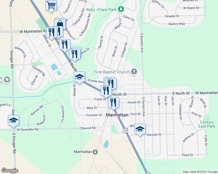 map of restaurants, bars, coffee shops, grocery stores, and more near 115 Prairie Avenue in Manhattan
