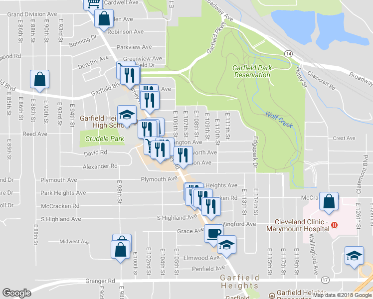 map of restaurants, bars, coffee shops, grocery stores, and more near 10621 Wadsworth Ave in Garfield Heights