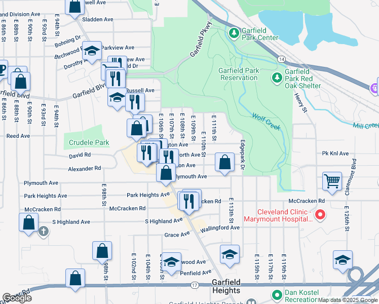 map of restaurants, bars, coffee shops, grocery stores, and more near 10813 Wadsworth Avenue in Garfield Heights