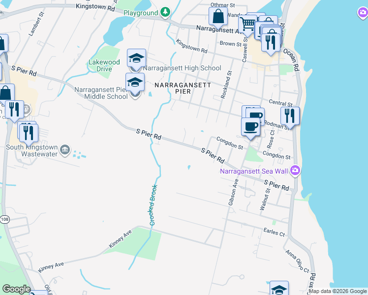 map of restaurants, bars, coffee shops, grocery stores, and more near 146 South Pier Road in Narragansett