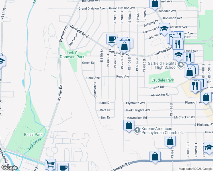 map of restaurants, bars, coffee shops, grocery stores, and more near 4921 East 85th Street in Garfield Heights