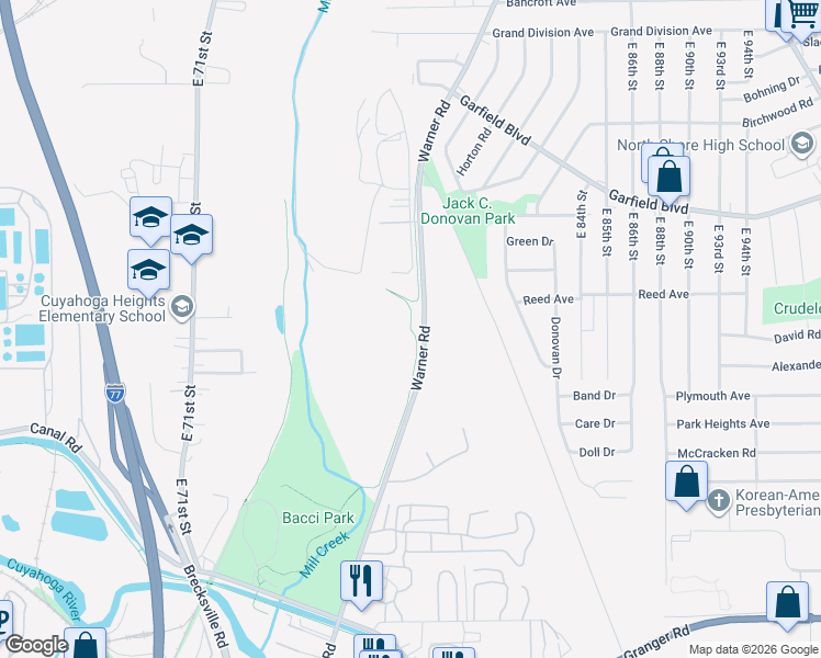 map of restaurants, bars, coffee shops, grocery stores, and more near Mill Creek Connector Trail in Garfield Heights