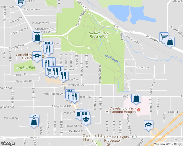 map of restaurants, bars, coffee shops, grocery stores, and more near 11119 Wadsworth Avenue in Garfield Heights