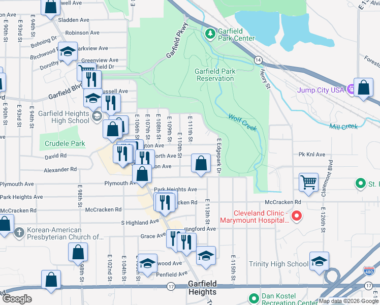 map of restaurants, bars, coffee shops, grocery stores, and more near 4975 East 110th Street in Garfield Heights