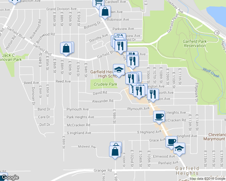 map of restaurants, bars, coffee shops, grocery stores, and more near 9717 David Road in Garfield Heights