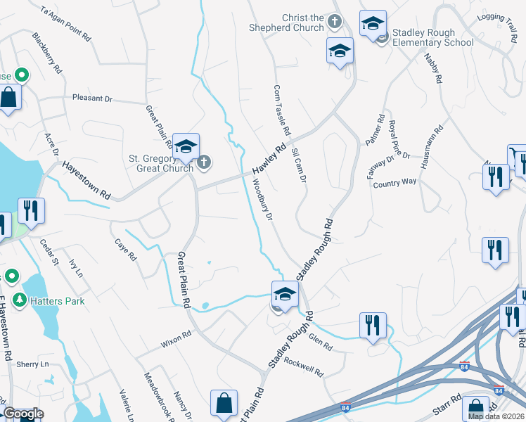 map of restaurants, bars, coffee shops, grocery stores, and more near 13 Woodbury Drive in Danbury