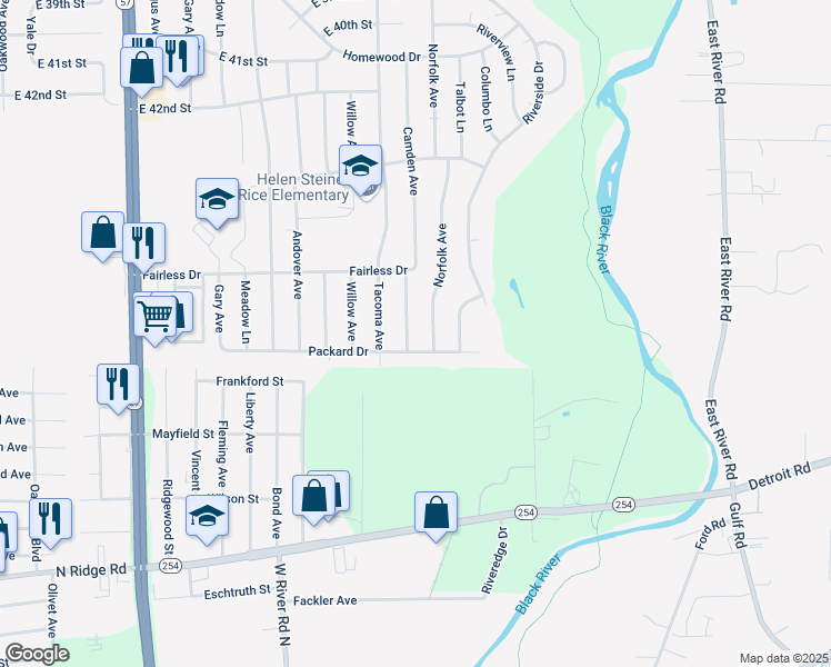 map of restaurants, bars, coffee shops, grocery stores, and more near 4713 Camden Avenue in Lorain