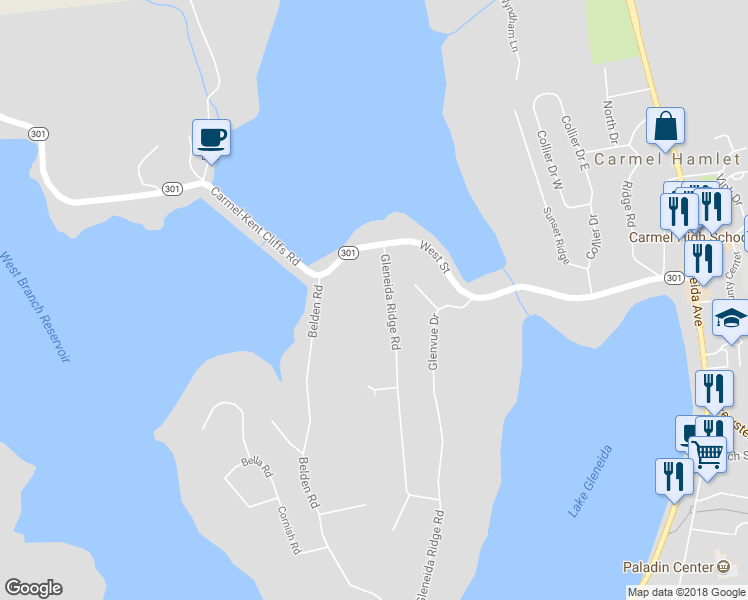 map of restaurants, bars, coffee shops, grocery stores, and more near 165 Gleneida Ridge Road in Carmel Hamlet