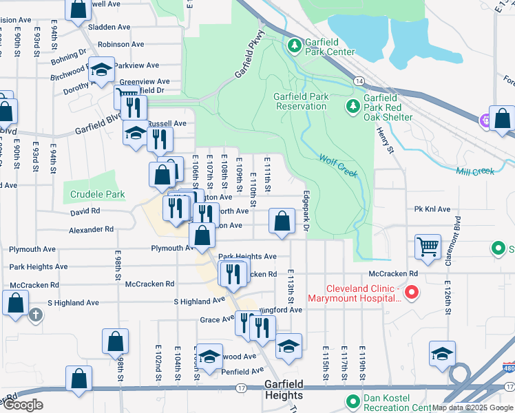 map of restaurants, bars, coffee shops, grocery stores, and more near 4975 East 110th Street in Garfield Heights