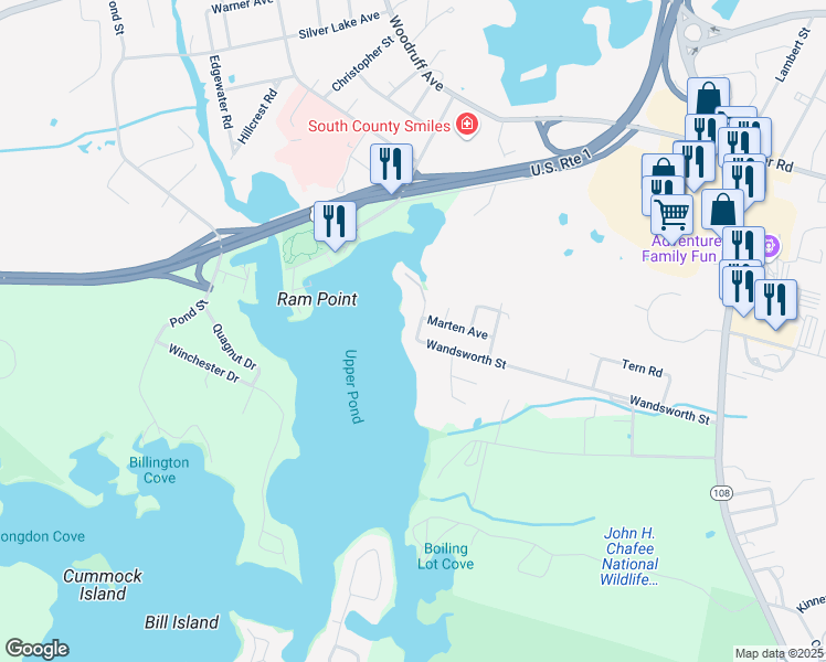 map of restaurants, bars, coffee shops, grocery stores, and more near 1 Gull Road in Narragansett