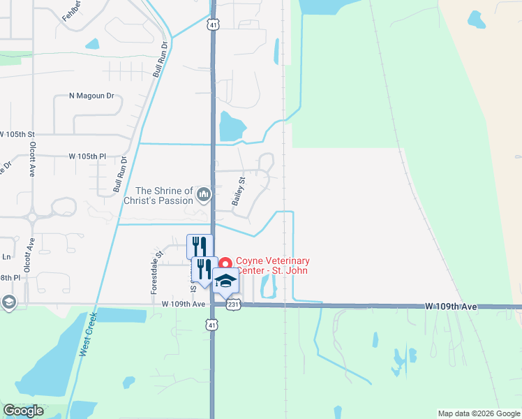 map of restaurants, bars, coffee shops, grocery stores, and more near 10633 Schneider Place in St. John