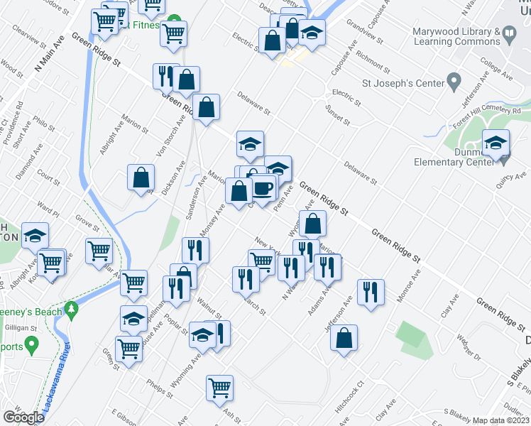 map of restaurants, bars, coffee shops, grocery stores, and more near 916 Marion Street in Scranton