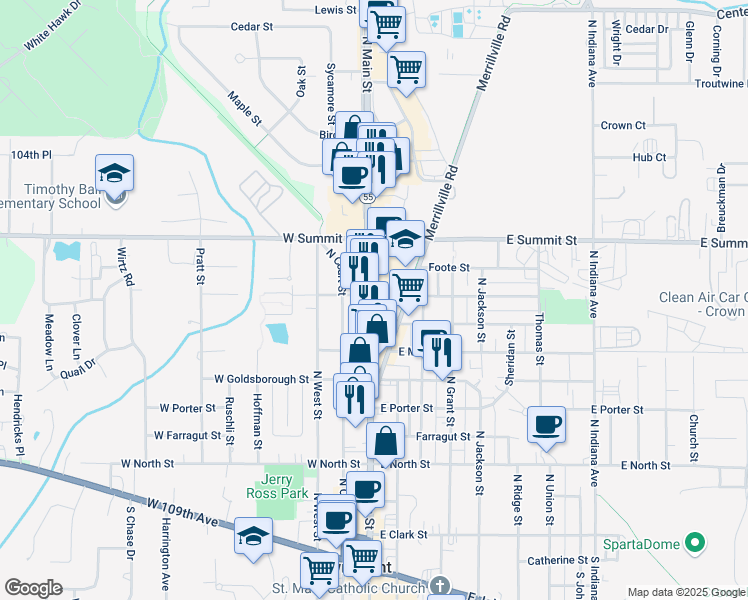 map of restaurants, bars, coffee shops, grocery stores, and more near 714 North Main Street in Crown Point