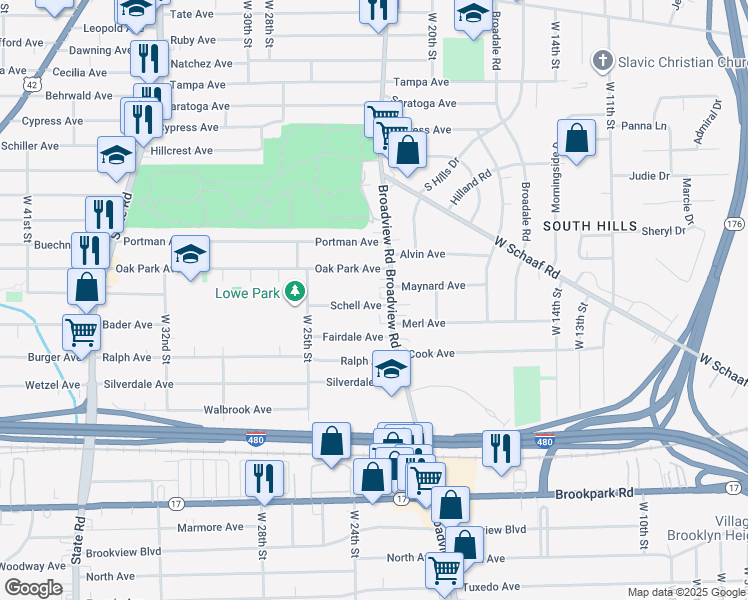 map of restaurants, bars, coffee shops, grocery stores, and more near 2118 Schell Avenue in Cleveland