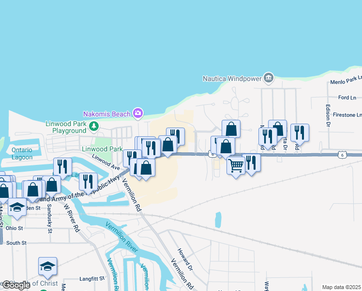 map of restaurants, bars, coffee shops, grocery stores, and more near 4676 Liberty Avenue in Vermilion