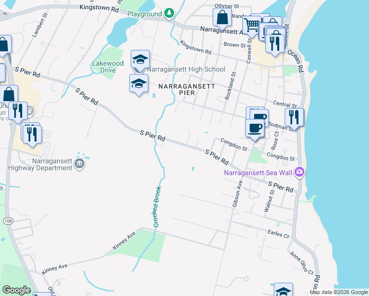 map of restaurants, bars, coffee shops, grocery stores, and more near 146 South Pier Road in Narragansett