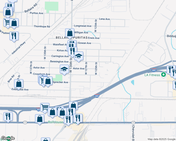 map of restaurants, bars, coffee shops, grocery stores, and more near 12609 Astor Avenue in Cleveland