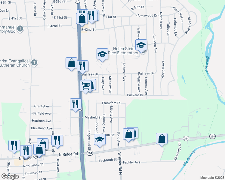 map of restaurants, bars, coffee shops, grocery stores, and more near 4712 Palm Avenue in Lorain