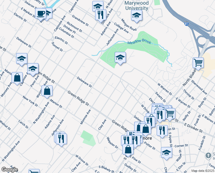 map of restaurants, bars, coffee shops, grocery stores, and more near 1714 Monroe Avenue in Dunmore