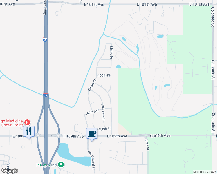map of restaurants, bars, coffee shops, grocery stores, and more near 10580 Maine Drive in Crown Point