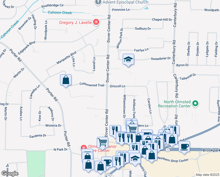 map of restaurants, bars, coffee shops, grocery stores, and more near 4387 Dover Center Road in North Olmsted