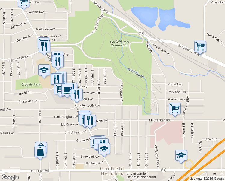 map of restaurants, bars, coffee shops, grocery stores, and more near 4941 East 110th Street in Cleveland