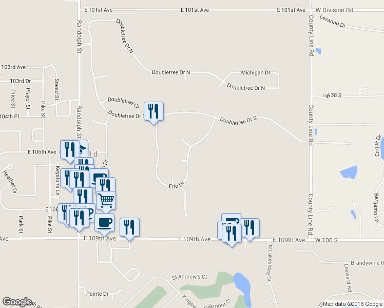 map of restaurants, bars, coffee shops, grocery stores, and more near 10607 Erie Drive in Crown Point