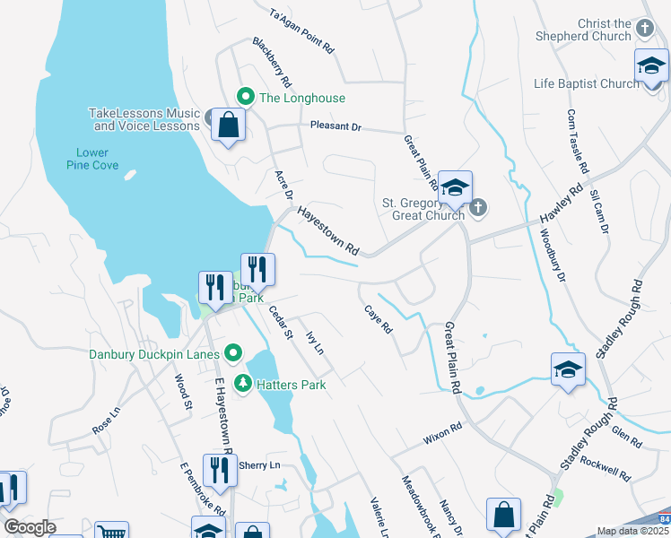 map of restaurants, bars, coffee shops, grocery stores, and more near 22 Hawley Road Extension in Danbury