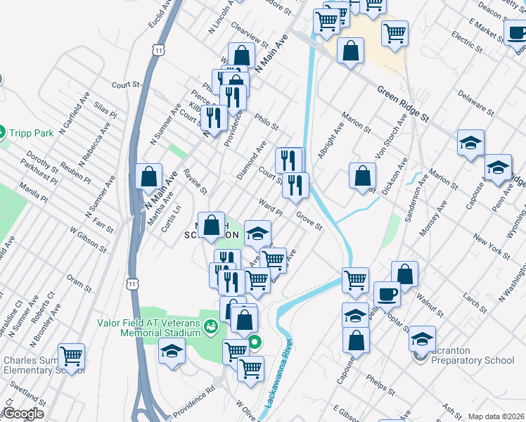 map of restaurants, bars, coffee shops, grocery stores, and more near 1069 Meade Ave in Scranton