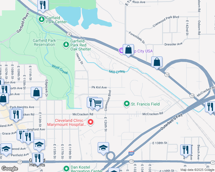 map of restaurants, bars, coffee shops, grocery stores, and more near 12521 Park Knoll Drive in Garfield Heights