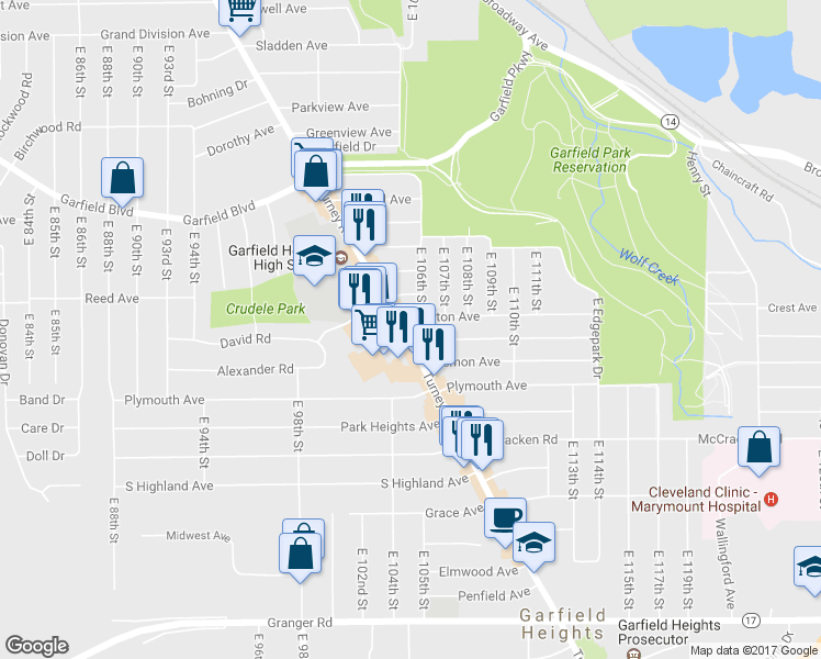 map of restaurants, bars, coffee shops, grocery stores, and more near 4975 Turney Rd in Garfield Heights