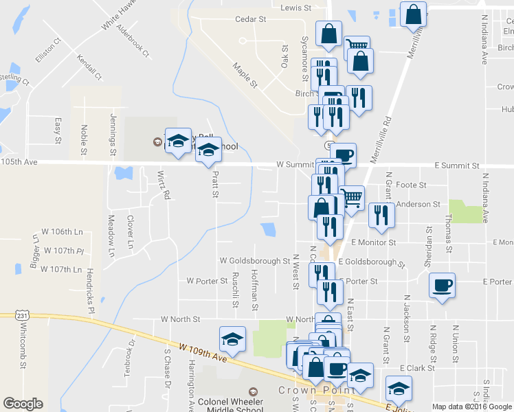 map of restaurants, bars, coffee shops, grocery stores, and more near 361 West Anderson Street in Crown Point