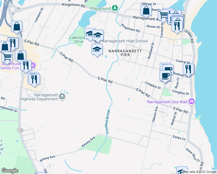map of restaurants, bars, coffee shops, grocery stores, and more near 174A South Pier Road in Narragansett