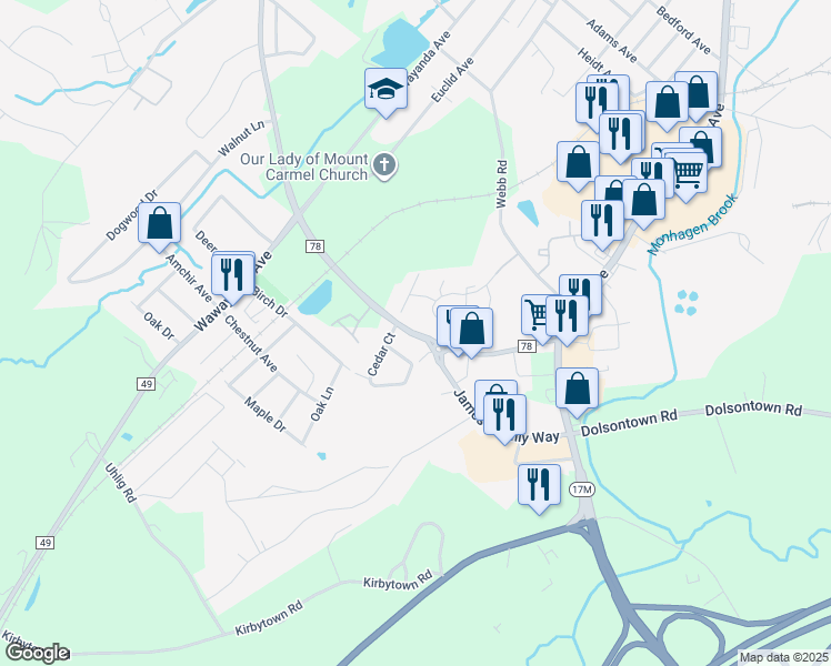 map of restaurants, bars, coffee shops, grocery stores, and more near 11 Peach Place in Middletown