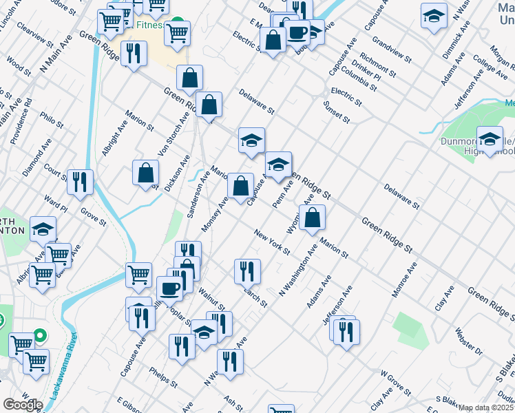 map of restaurants, bars, coffee shops, grocery stores, and more near 916 Marion Street in Scranton