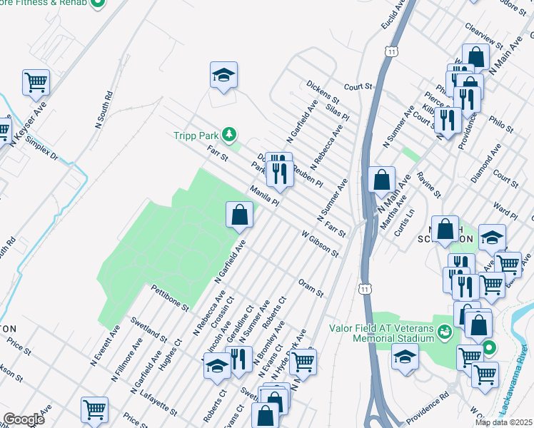 map of restaurants, bars, coffee shops, grocery stores, and more near in Scranton