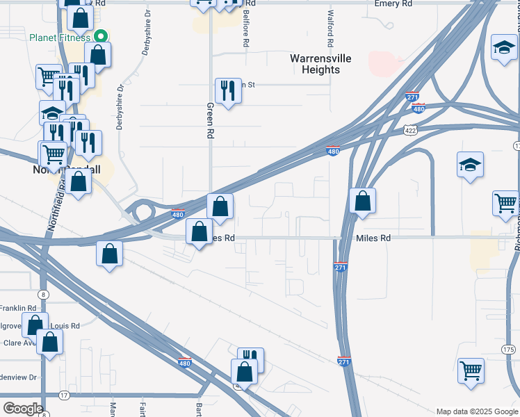 map of restaurants, bars, coffee shops, grocery stores, and more near 4958 Caroline Drive in Warrensville Heights
