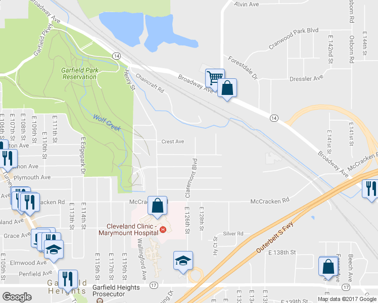 map of restaurants, bars, coffee shops, grocery stores, and more near 12521 Park Knoll Drive in Garfield Heights