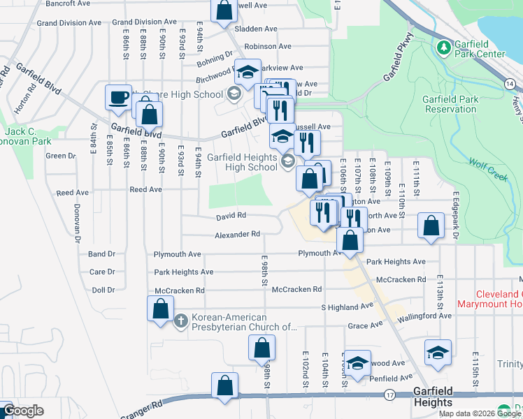 map of restaurants, bars, coffee shops, grocery stores, and more near 9717 David Road in Garfield Heights