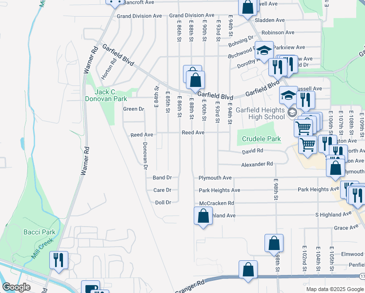 map of restaurants, bars, coffee shops, grocery stores, and more near 4936 East 88th Street in Garfield Heights