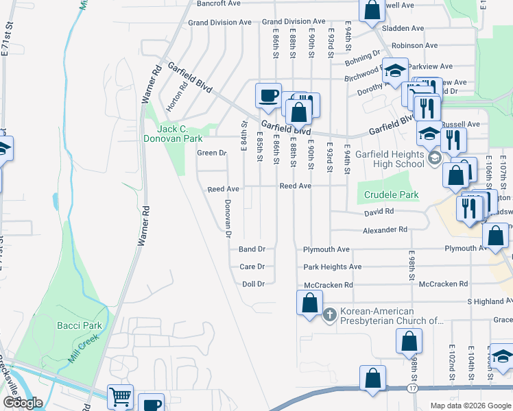 map of restaurants, bars, coffee shops, grocery stores, and more near 4921 East 85th Street in Garfield Heights