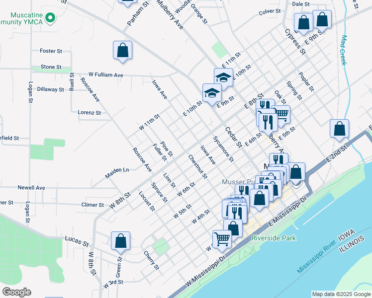 map of restaurants, bars, coffee shops, grocery stores, and more near 798 Chestnut Street in Muscatine