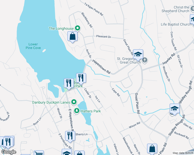 map of restaurants, bars, coffee shops, grocery stores, and more near 16 Hawley Road Extension in Danbury