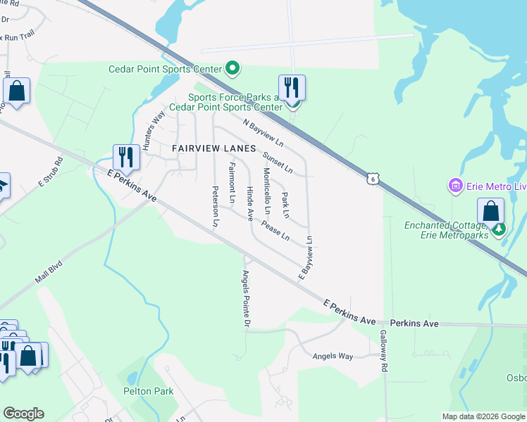 map of restaurants, bars, coffee shops, grocery stores, and more near 2821 Monticello Lane in Sandusky